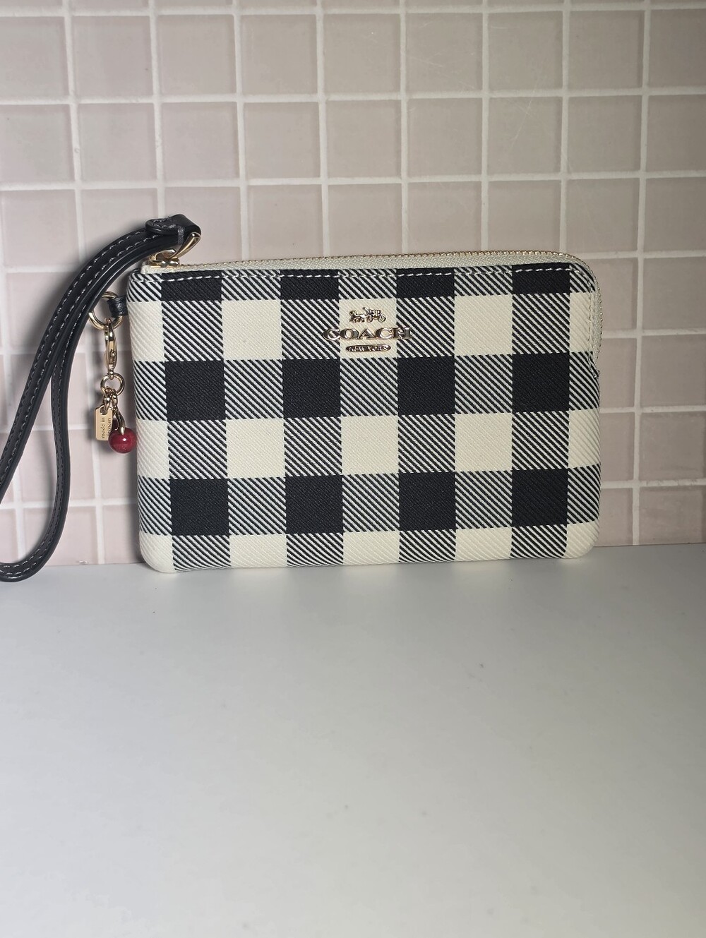 Coach Black & White Buffalo Check Zip Wristlet